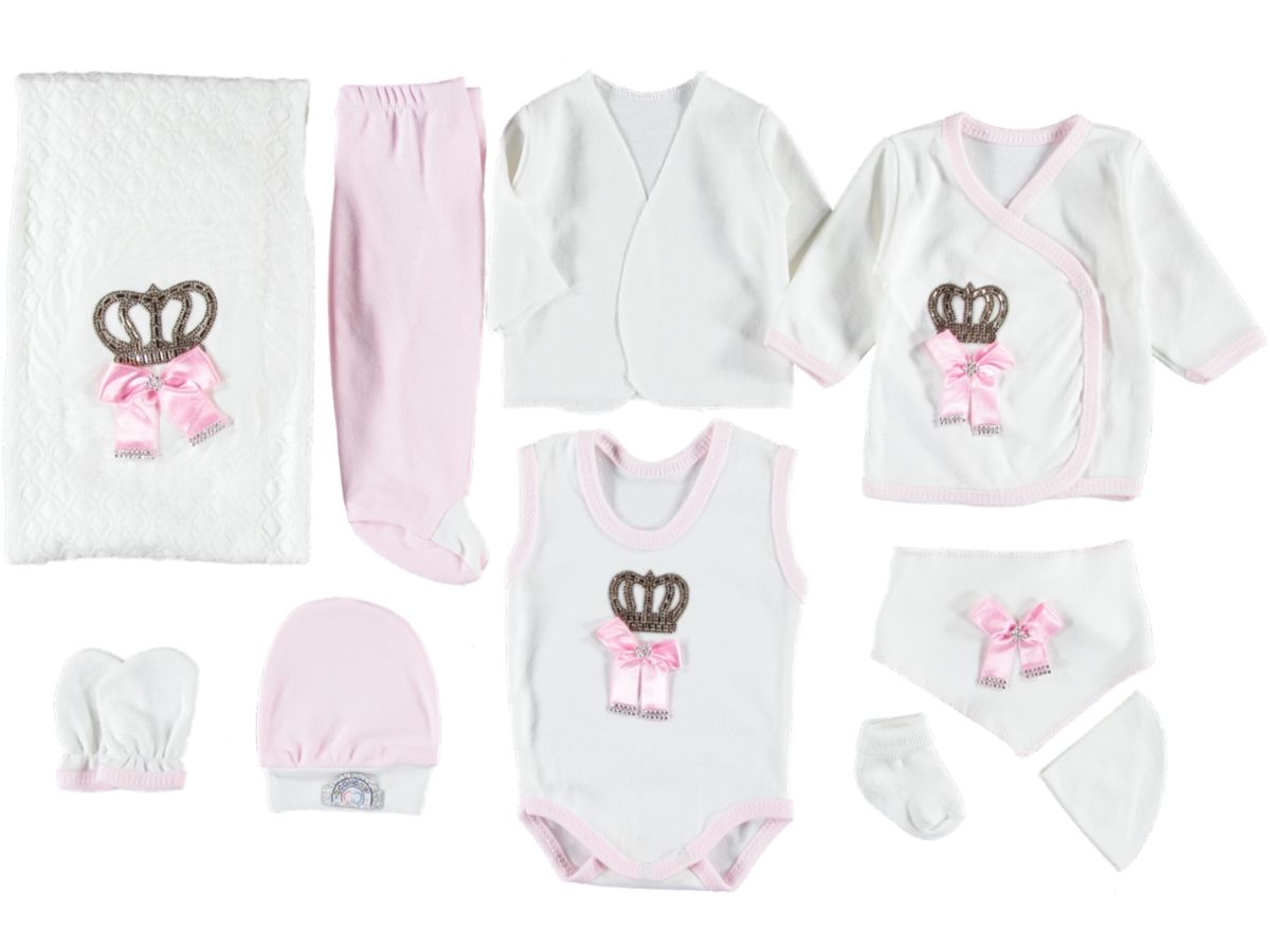 Taç Aplikeli Triko Battaniye Zıbın Seti 10'lu