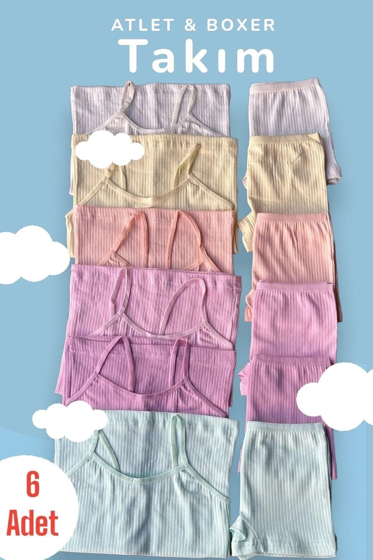 Kossiga 6'lı Pastel Renk Kız Çocuk Fitilli Atlet & Boxer Takım